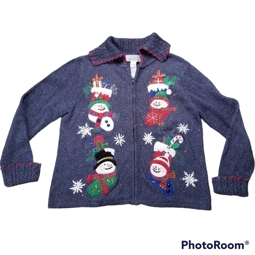 Tiara International Christmas Collection Embellished Snowman Cardigan Zip Sz L